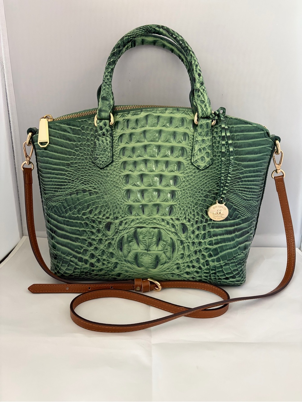 Brahmin Green Croc-Embossed Satchel with Brown Strap